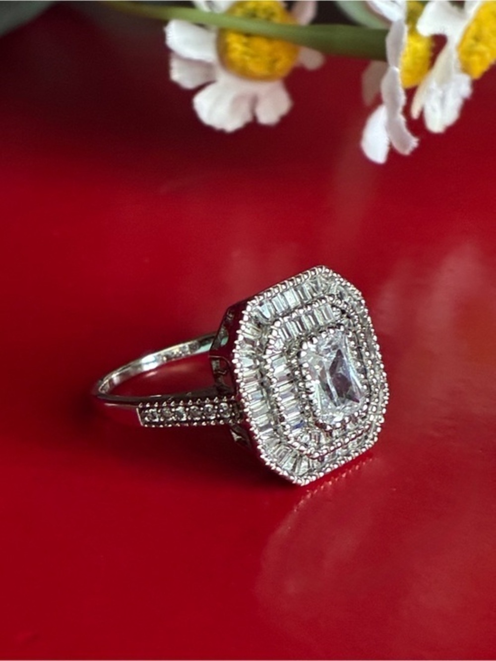 925 Silver-Tone Clear Multi-Halo Emerald-Cut Ring